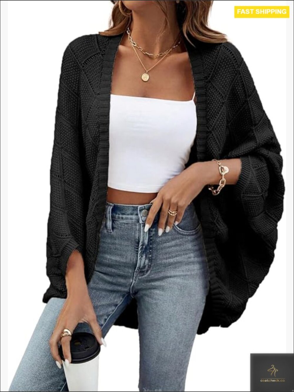 Oversized Crochet Batwing Sleeve Cardigan Boho Hollow Out Lightweight Shrug - Picture 1 of 7